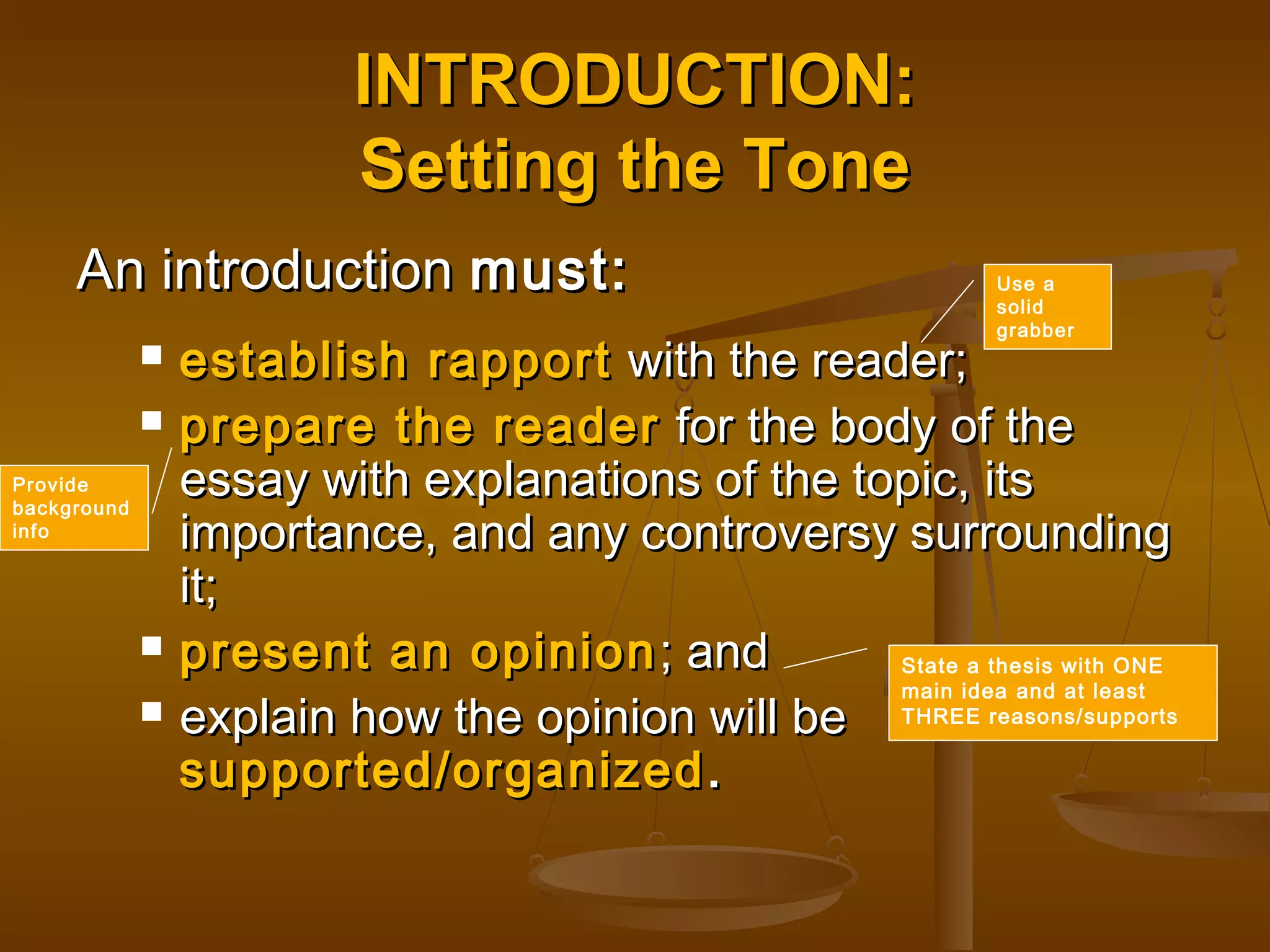 INTRODUCTION:INTRODUCTION:
Setting the ToneSetting the Tone
An introductionAn introduction must:must:
 establish rapportestablish rapport with the reader;with the reader;
 prepare the readerprepare the reader for the body of thefor the body of the
essay with explanations of the topic, itsessay with explanations of the topic, its
importance, and any controversy surroundingimportance, and any controversy surrounding
it;it;
 present an opinionpresent an opinion ; and; and
 explain how the opinion will beexplain how the opinion will be
supported/organizedsupported/organized ..
Use a
solid
grabber
Provide
background
info
State a thesis with ONE
main idea and at least
THREE reasons/supports
 