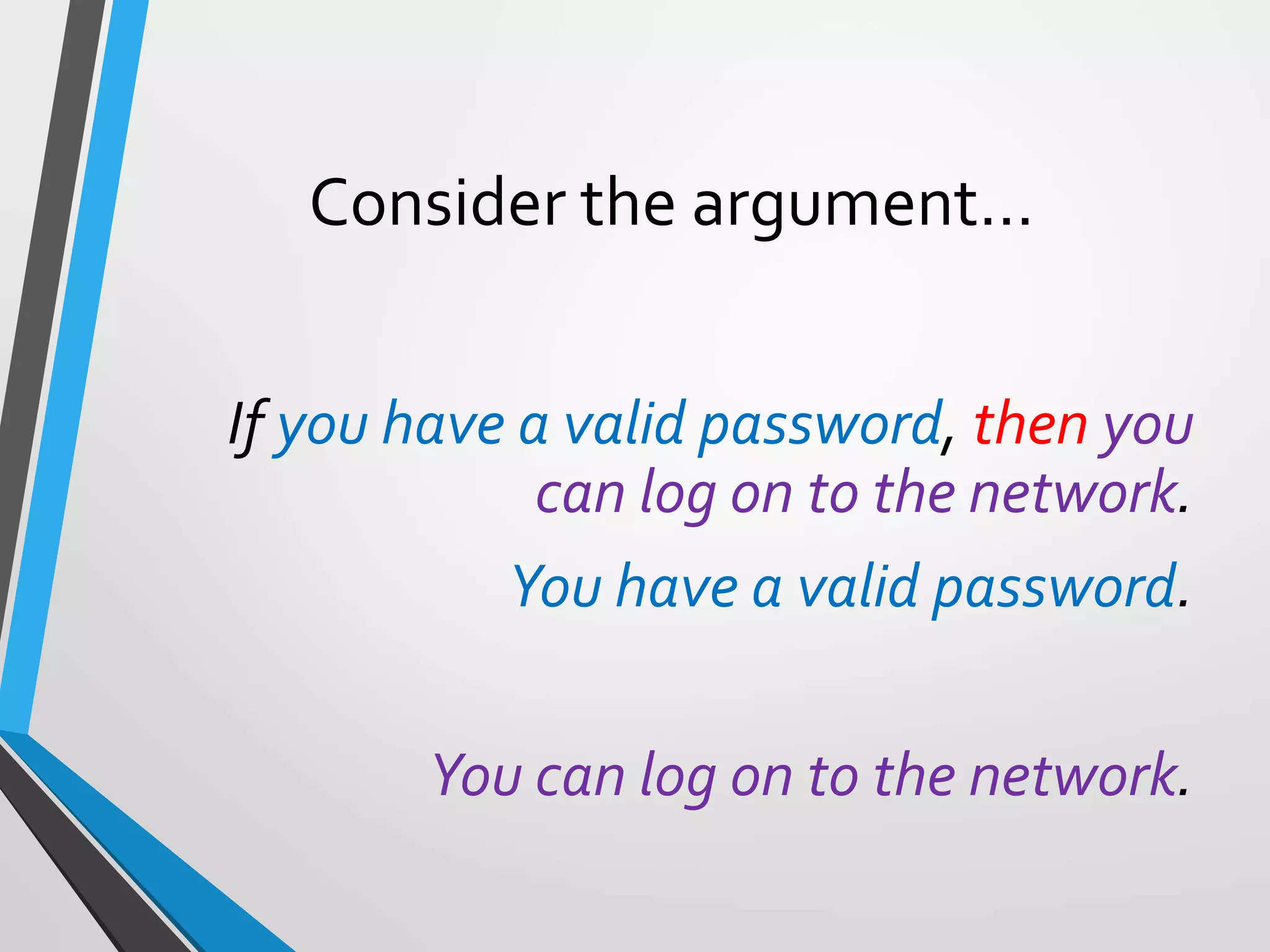 Consider the argument…
If you have a valid password, then you
can log on to the network.
You have a valid password.
You can log on to the network.
 