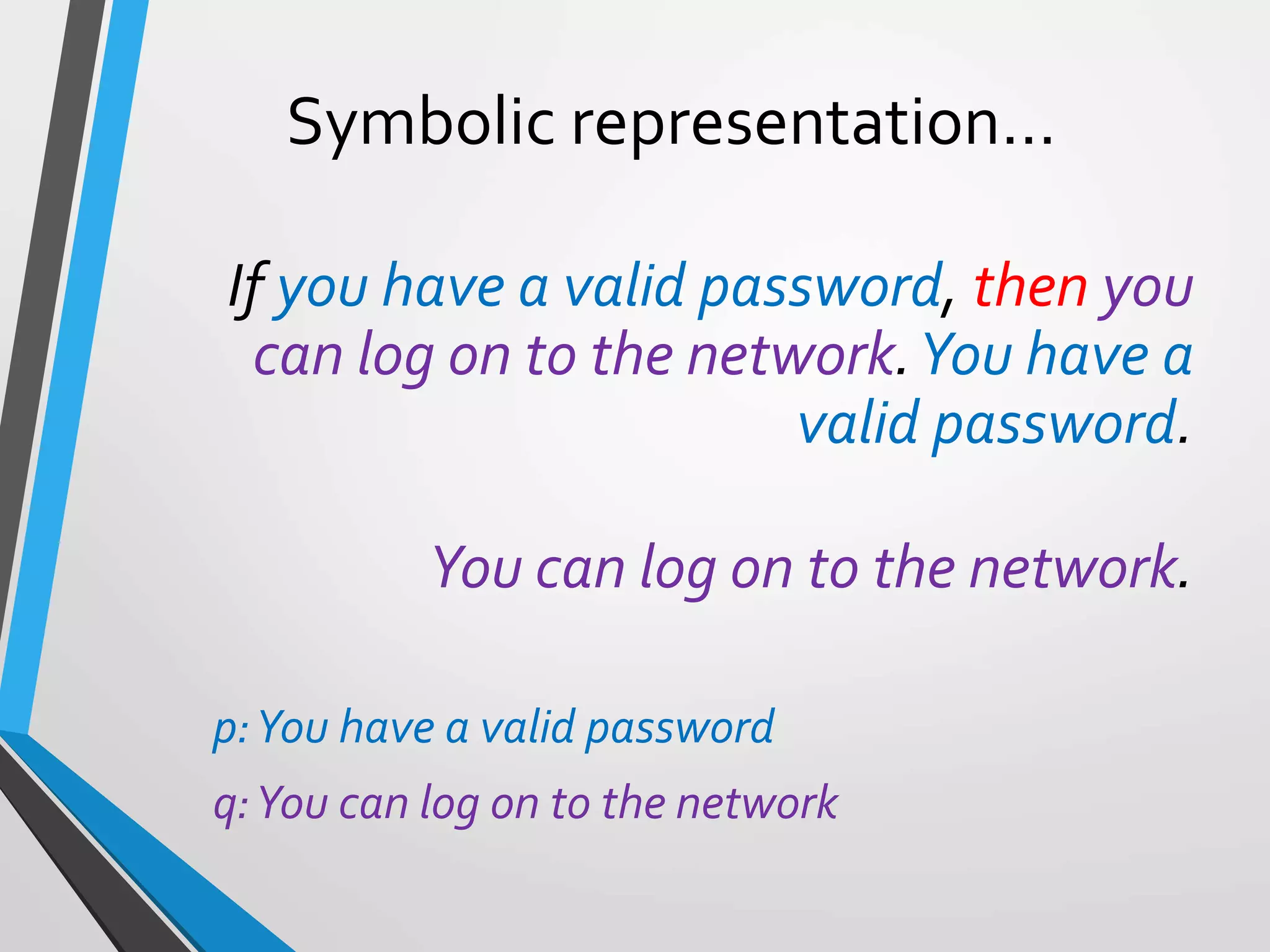 Symbolic representation…
If you have a valid password, then you
can log on to the network.You have a
valid password.
You can log on to the network.
p:You have a valid password
q:You can log on to the network
 