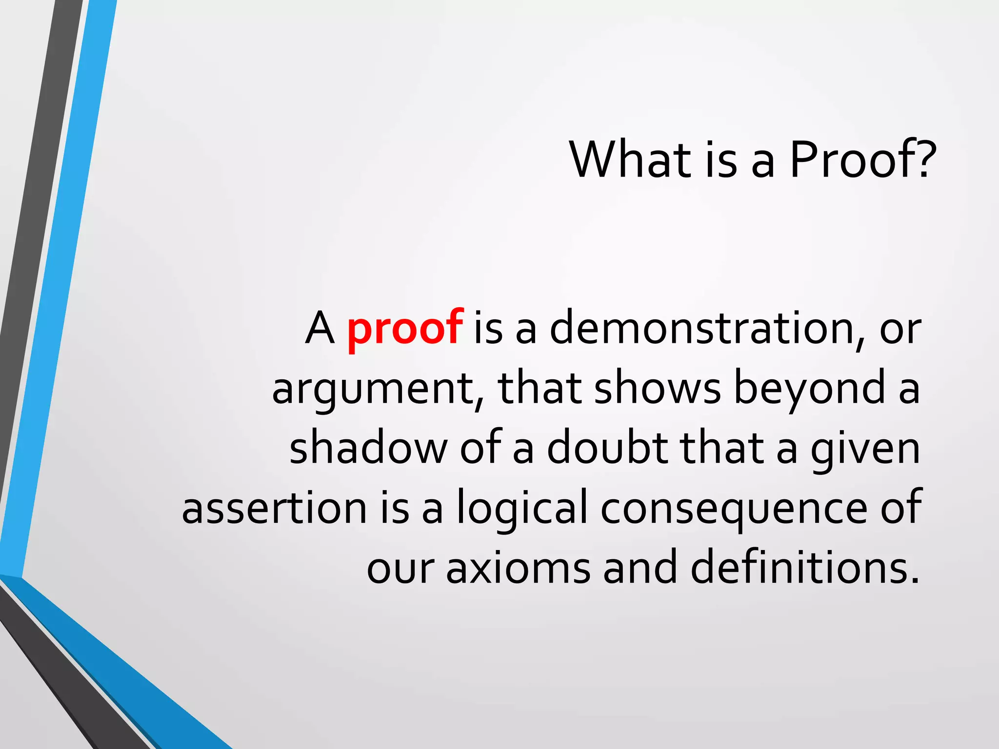 What is a Proof?
A proof is a demonstration, or
argument, that shows beyond a
shadow of a doubt that a given
assertion is a logical consequence of
our axioms and definitions.
 