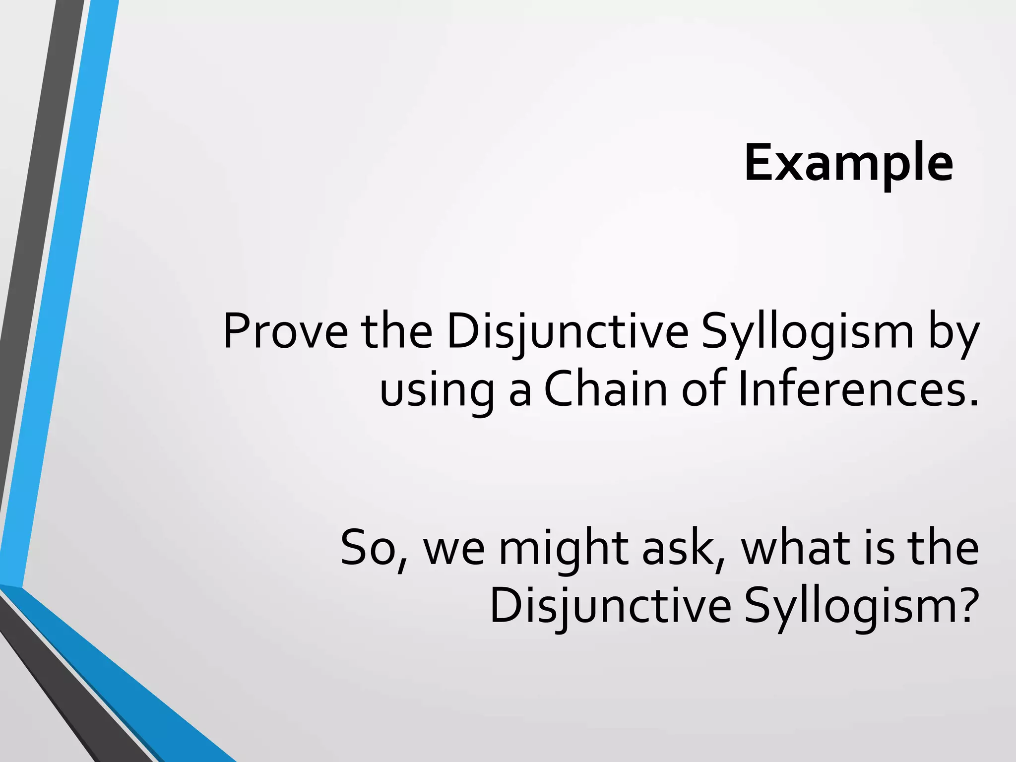 Example
Prove the Disjunctive Syllogism by
using a Chain of Inferences.
So, we might ask, what is the
Disjunctive Syllogism?
 