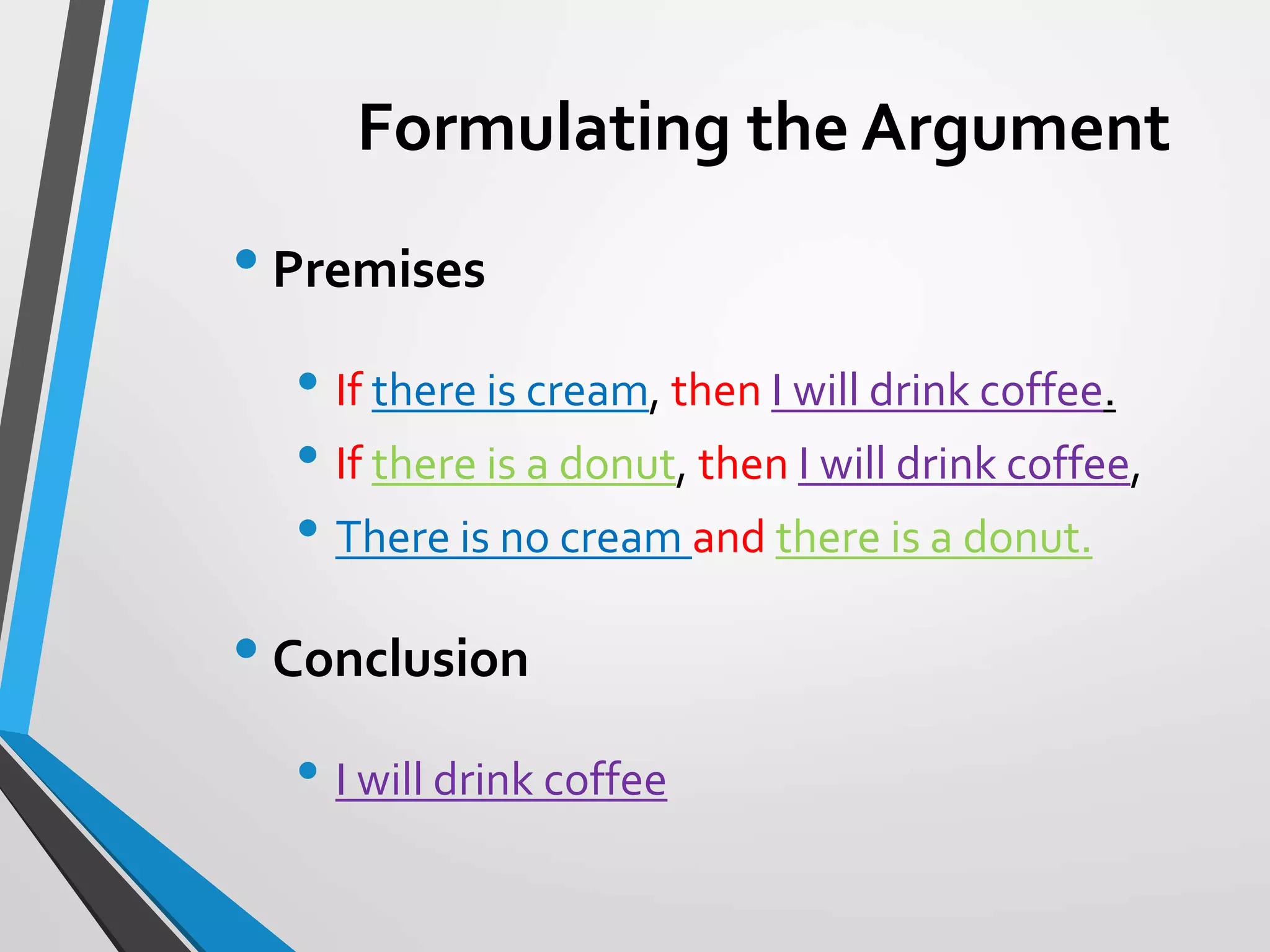 Formulating the Argument
• Premises
• If there is cream, then I will drink coffee.
• If there is a donut, then I will drink coffee,
• There is no cream and there is a donut.
• Conclusion
• I will drink coffee
 