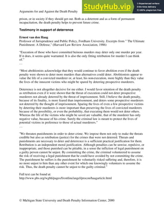 Arguments For And Against The Death Penalty ARGUMENT 1 DETERRENCE The ...
