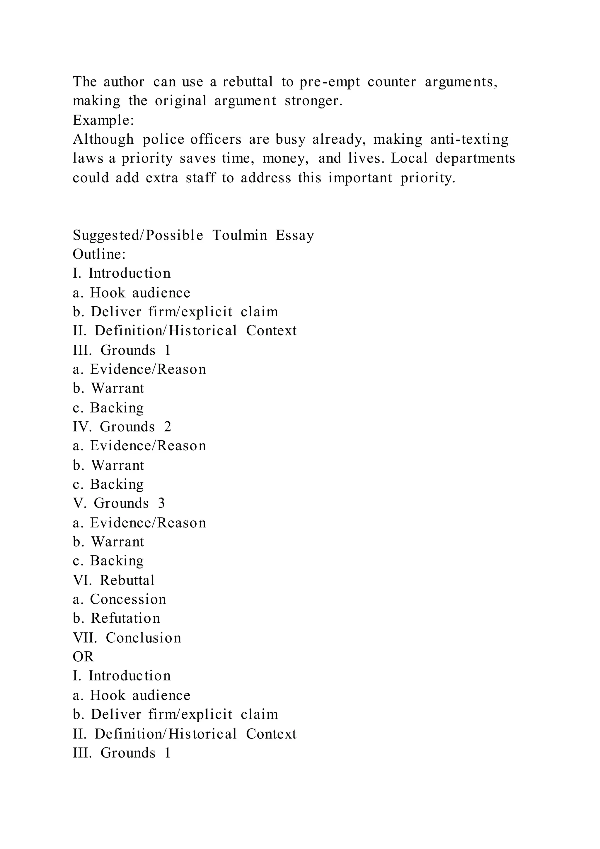 The author can use a rebuttal to pre-empt counter arguments,
making the original argument stronger.
Example:
Although police officers are busy already, making anti-texting
laws a priority saves time, money, and lives. Local departments
could add extra staff to address this important priority.
Suggested/Possible Toulmin Essay
Outline:
I. Introduction
a. Hook audience
b. Deliver firm/explicit claim
II. Definition/Historical Context
III. Grounds 1
a. Evidence/Reason
b. Warrant
c. Backing
IV. Grounds 2
a. Evidence/Reason
b. Warrant
c. Backing
V. Grounds 3
a. Evidence/Reason
b. Warrant
c. Backing
VI. Rebuttal
a. Concession
b. Refutation
VII. Conclusion
OR
I. Introduction
a. Hook audience
b. Deliver firm/explicit claim
II. Definition/Historical Context
III. Grounds 1
 