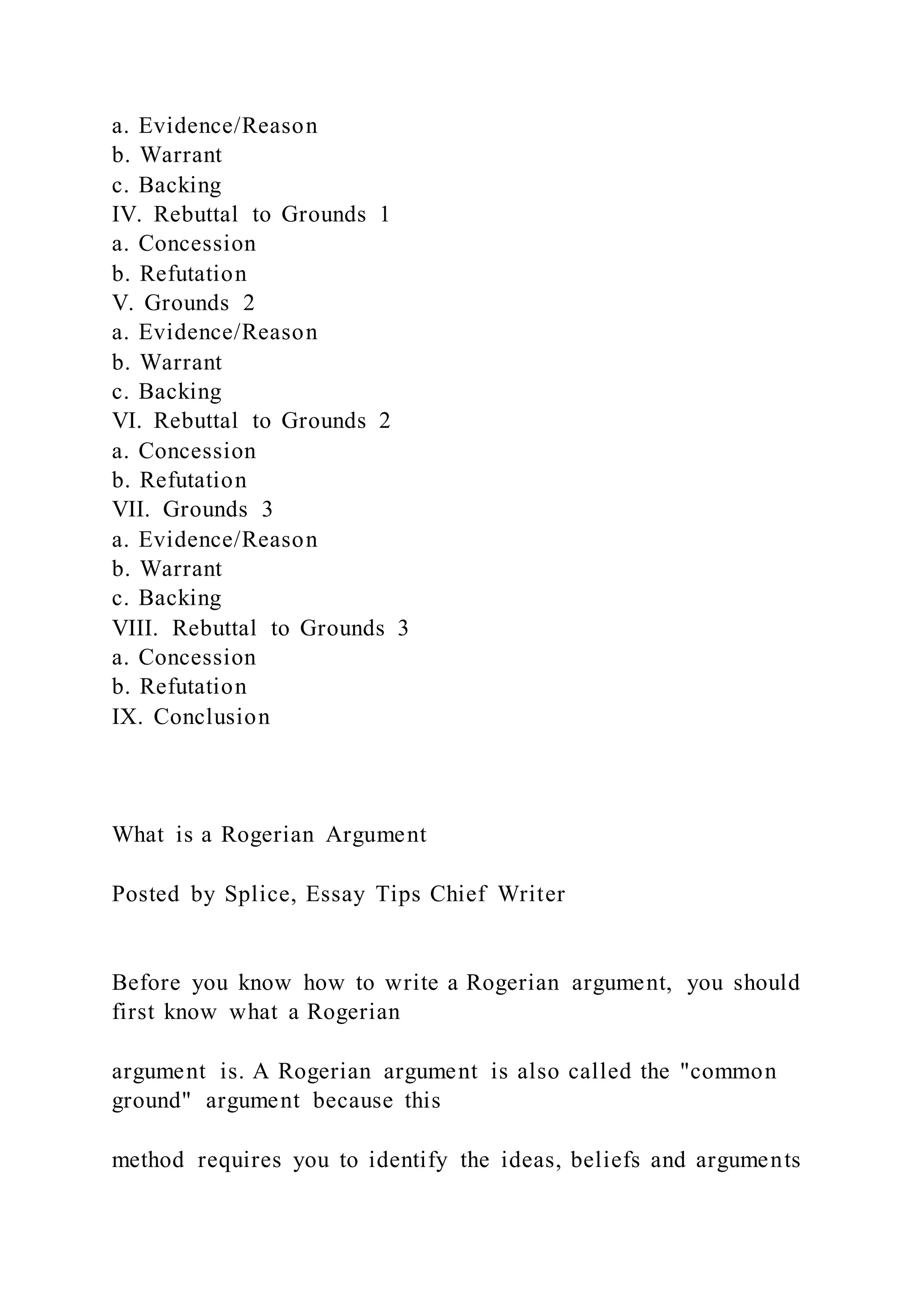 a. Evidence/Reason
b. Warrant
c. Backing
IV. Rebuttal to Grounds 1
a. Concession
b. Refutation
V. Grounds 2
a. Evidence/Reason
b. Warrant
c. Backing
VI. Rebuttal to Grounds 2
a. Concession
b. Refutation
VII. Grounds 3
a. Evidence/Reason
b. Warrant
c. Backing
VIII. Rebuttal to Grounds 3
a. Concession
b. Refutation
IX. Conclusion
What is a Rogerian Argument
Posted by Splice, Essay Tips Chief Writer
Before you know how to write a Rogerian argument, you should
first know what a Rogerian
argument is. A Rogerian argument is also called the "common
ground" argument because this
method requires you to identify the ideas, beliefs and arguments
 