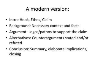 A modern version:Intro: Hook, Ethos, ClaimBackground: Necessary context and factsArgument: Logos/pathos to support the claimAlternatives: Counterarguments stated and/or refutedConclusion: Summary, elaborate implications, closing