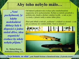Aby toho nebylo málo… Od bakterií pokračovala evoluce přes mnohobuněčné organizmy až k suchozemcům. Rybám se měnilo prostředí a potřebovaly chodit a dýchat vzdušný kyslík – a tak se jim vyvinuly z ploutví nohy a místo žáber plíce.  Plazi pak běhali a mávali „nožkama“ a skákali ze stromů - a tak jim za miliony let vznikla křídla. Není to úžasné:)? „ Není pochybností, že kdyby molekulární důkazy byly k dispozici o jedno století dříve, idea organické evoluce by nikdy nebyla přijata.“   Dr.   Michael Denton,  molekulární biolog, USA „ To je fantazie, ne věda“ ,   prof. Rudolf Virchow o Darwinově knize „O původu druhů“ 