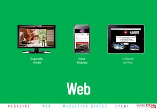 Supports                 Sites                       Collecte
                   Vidéo                  Mobiles                      on-line




                                   Web
M A G A Z I N E          W E B   M A R K E T I N G   D I R E C T   E V E N T
 