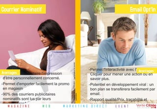 Courrier Nominatif                                                                                                             Email Opt'in




                                         *Source TNS SOFRES 2011 : Les français et le courrier
                                                                                                 -Permet l'interactivité avec l'utilisateur ::
                                                                                                                                 Avantages
Avantages :
-Donne au destinataire l'impression                                                               Cliquer pour mener une action ou en
 d'être personnellement concerné.                                                                 savoir plus.
-Permet d'emporter facilement la promo                                                           -Potentiel en développement viral : un
 en magasin                                                                                       bon plan se transfèrera facilement par
-90% des courriers publicitaires                                                                  email.
                                         publicitaire




 nominatifs sont lus par leurs                                                                   -Rapport qualité/Prix, traçabilité et
 destinataires*.                                                                                  mesurabilité
   M A G A Z I N E    W E B       M A R K E T I N G                                               D I R E C T      E V E N T
 