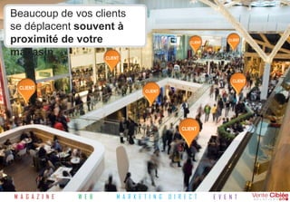 Beaucoup de vos clients
se déplacent souvent à
proximité de votre                                         CLIENT
                                                                         CLIENT


magasin                   CLIENT




                                                                           CLIENT
 CLIENT
                                         CLIENT




                                                        CLIENT




M A G A Z I N E   W E B        M A R K E T I N G   D I R E C T      E V E N T
 