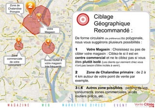 Zone de
Chalandise
              2
 Primaire
                  1
                                                                   Ciblage
                                                                   Géographique
                        Votre
                       Magasin                                     Recommandé :
                                                  De forme circulaire (de préférence) ou polygonale,
       3                 4                        nous vous suggérons plusieurs possibilités :

                                                  1       Votre Magasin : Choisissez ou pas de
   Zone
                                                  cibler votre magasin : Ciblez-le si il est en
commerciale                                       centre commercial et ne le ciblez pas si vous
                       Accès routier à
  de votre
                       votre magasin              êtes plutôt isolé (Les clients qui viennent chez vous
 concurrent                                       n'ont pas besoin d'être incités à venir).
                       très fréquenté

                                                  2      Zone de Chalandise primaire : de 2 à
                                                  4 km autour de votre point de vente par
                                                  exemple.

                                                  3 & 4 Autres zone possibles : parking de vos
                                                  concurrents, zones commerciales, accès
                                                  routiers précis, etc…

M A G A Z I N E       W E B              M A R K E T I N G     D I R E C T           E V E N T
 