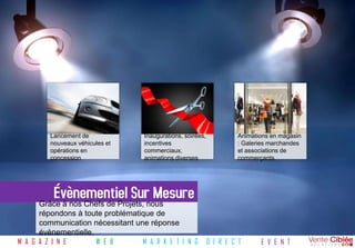 Lancement de              Inaugurations, soirées,            Animations en magasin
         nouveaux véhicules et     incentives                         : Galeries marchandes
         opérations en             commerciaux,                       et associations de
         concession                animations diverses                commerçants




         Évènementiel Surnous
      Grâce à nos Chefs de Projets,
                                    Mesure
      répondons à toute problématique de
      communication nécessitant une réponse
      évènementielle.
M A G A Z I N E       W E B       M A R K E T I N G          D I R E C T     E V E N T
 