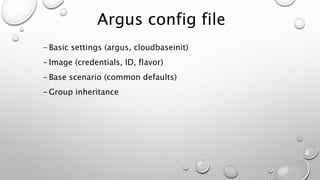 Argus config file
- Basic settings (argus, cloudbaseinit)
- Image (credentials, ID, flavor)
- Base scenario (common defaults)
- Group inheritance
 