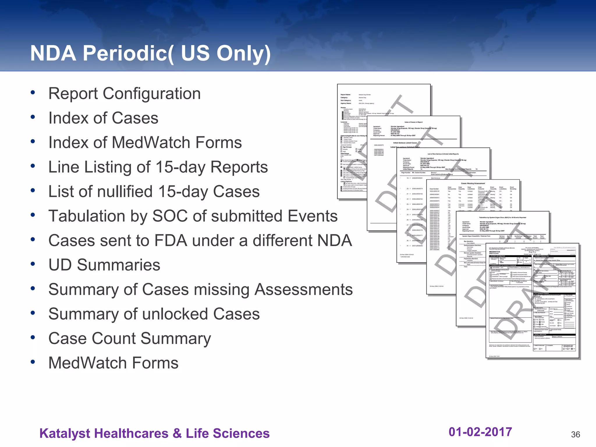 NDA Periodic( US Only)
• Report Configuration
• Index of Cases
• Index of MedWatch Forms
• Line Listing of 15-day Reports
• List of nullified 15-day Cases
• Tabulation by SOC of submitted Events
• Cases sent to FDA under a different NDA
• UD Summaries
• Summary of Cases missing Assessments
• Summary of unlocked Cases
• Case Count Summary
• MedWatch Forms
36Katalyst Healthcares & Life Sciences 01-02-2017
 