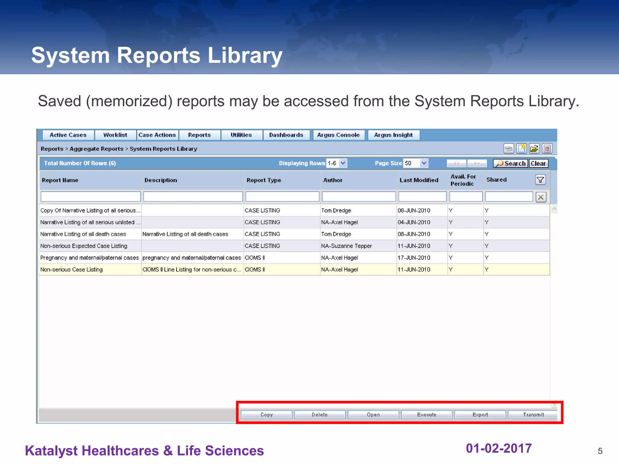 System Reports Library
Saved (memorized) reports may be accessed from the System Reports Library.
5Katalyst Healthcares & Life Sciences 01-02-2017
 