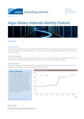 Argus Battery Materials Monthly Outlook
Metals
consulting services
illuminating the markets
Issue 18-1
Wednesday
24 January 2018
Lithium cobalt oxide
The average monthly price for lithium
cobalt oxide increased by just under
4pc in December after a 1.8pc rise
in November, mainly as a result of
rises in the price of cobalt. Prices
for lithium cobalt oxide (min 60pc
Co) were assessed slightly up on the
month at 410-430 yuan/kg ($63.26-
67.17/kg) on 23 January and averaged
Yn396.84-423.68/kg ($60.20-64.27/
kg) for December.
OUTLOOK: Steady-strengthening
Outlook
The month ahead
Prices for the main battery raw materials, lithium and cobalt, have been mainly higher in January after a jump in prices to-
wards the end of 2017. The near term outlook is for prices to remain steady to slightly up as the market looks for direction
in the first quarter.
The next 3-6 months
Market fundamentals will come more into play in the next six months and it is possible that the price trends for lithium and
cobalt will start to diverge. Cobalt supply remains the more concerning issue for the battery industry.
12 months forward
Demand for battery raw materials is expected to continue to forge ahead in the coming year and the direction of prices
will depend on the ability of battery raw material producers to keep up.
0
100
200
300
400
500
Jan-15 Jul-15 Jan-16 Jul-16 Jan-17 Jul-17 Jan-18 Jul-18
Low High
— Argus
Chinese lithium cobalt oxide Yn/kg
 