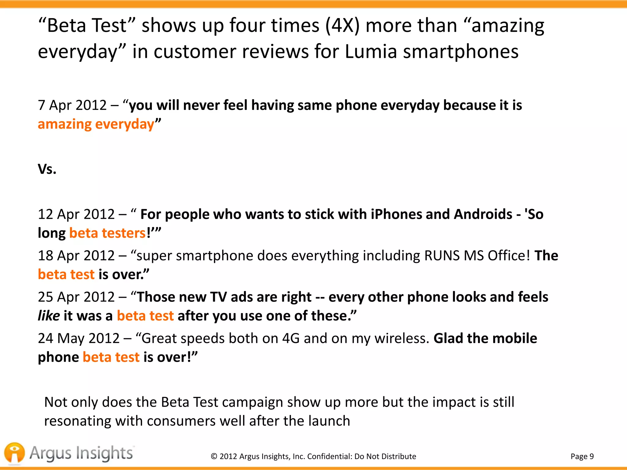 “Beta Test” shows up four times (4X) more than “amazing
everyday” in customer reviews for Lumia smartphones

7 Apr 2012 – “you will never feel having same phone everyday because it is
amazing everyday”

Vs.

12 Apr 2012 – “ For people who wants to stick with iPhones and Androids - 'So
long beta testers!’”
18 Apr 2012 – “super smartphone does everything including RUNS MS Office! The
beta test is over.”
25 Apr 2012 – “Those new TV ads are right -- every other phone looks and feels
like it was a beta test after you use one of these.”
24 May 2012 – “Great speeds both on 4G and on my wireless. Glad the mobile
phone beta test is over!”

Not only does the Beta Test campaign show up more but the impact is still
resonating with consumers well after the launch

                          © 2012 Argus Insights, Inc. Confidential: Do Not Distribute   Page 9
 