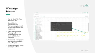 Folie 4 von 12
Wartungs-
kalender
• App für die Web- App
des argvis; MP
• Übersichtliche
Darstellung von
Wartungsaufgaben nach
technischen Plätzen und
Equipments
• Fokus auf langfristige
Planung, z. B.
Jahreswartungen, für
einen vollständigen
Überblick.
• Verbesserte Transparenz
und Nachverfolgbarkeit
von Aufträgen
• Direkter Absprung in den
jeweiligen Auftrag
 