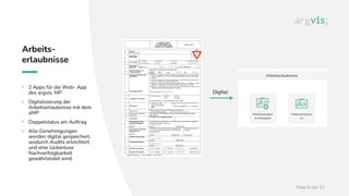 Folie 6 von 12
Arbeits-
erlaubnisse
• 2 Apps für die Web- App
des argvis; MP
• Digitalisierung der
Arbeitserlaubnisse mit dem
aMP
• Doppelstatus am Auftrag
• Alle Genehmigungen
werden digital gespeichert,
wodurch Audits erleichtert
und eine lückenlose
Nachverfolgbarkeit
gewährleistet wird.
Digital
 