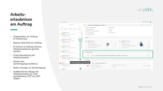 Folie 7 von 12
Arbeits-
erlaubnisse
am Auftrag
• Doppelstatus am Auftrag
im Masterview
• Eigener Abschnitt am Auftrag
• Es können je Auftrag mehrere
Arbeitserlaubnisse genutzt
werden
• Finale Bearbeitung der
Arbeitserlaubnis
• Starten des
Genehmigungsworkflows
• Status Anzeige zur Genehmigung
• Auditkonforme Ablage der
Arbeitserlaubnis als nicht
veränderbares PDF am SAP-
Objekt
 