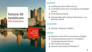 STORYBOARDS
secure
office 365
+ byod
challenge
■ Inadequate native O365 security
■ Controlled access from managed & unmanaged
devices
■ Limit external sharing
■ Interoperable with existing infrastructure, e.g.
Bluecoat, ADFS
competition
■ Skyhigh, Netskope, Adallom
solution
■ Real-time inline DLP on any device (Citadel)
■ Contextual access control on managed &
unmanaged devices (Omni)
■ API control in the cloud
■ Discover data breach & Shadow IT
fortune 50
healthcare
30k employees
6
 