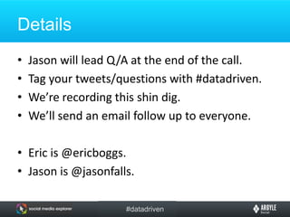 DetailsJason will lead Q/A at the end of the call.Tag your tweets/questions with #datadriven.We’re recording this shin dig.We’ll send an email follow up to everyone.Eric is @ericboggs.Jason is @jasonfalls.