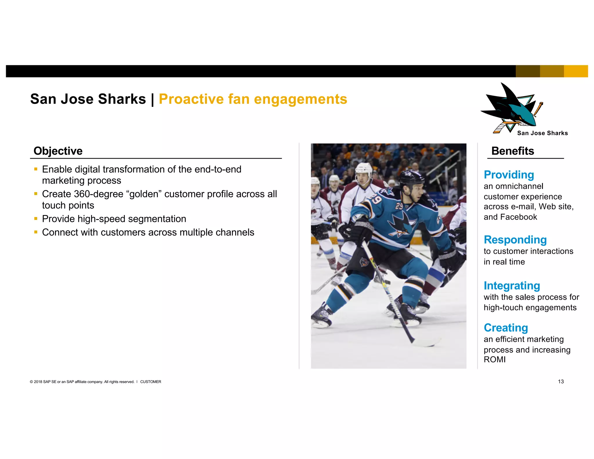 13CUSTOMER© 2018 SAP SE or an SAP affiliate company. All rights reserved. ǀ
San Jose Sharks | Proactive fan engagements
Benefits
Providing
an omnichannel
customer experience
across e-mail, Web site,
and Facebook
Responding
to customer interactions
in real time
Integrating
with the sales process for
high-touch engagements
§ Enable digital transformation of the end-to-end
marketing process
§ Create 360-degree “golden” customer profile across all
touch points
§ Provide high-speed segmentation
§ Connect with customers across multiple channels
Objective
Creating
an efficient marketing
process and increasing
ROMI
San Jose Sharks
 