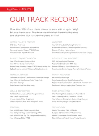 More than 90% of our clients choose to work with us again. Why?
Because they trust us. They know we will deliver the results they need
time after time. Our track record speaks for itself.
CFO, Global Media Brand
Regional Finance Director, Global Beverage Brand
Commercial Reporting Manager, FTSE 250 Retailer
Financial Controller, Major UK Media Firm
ACCOUNTANCY & FINANCE
Head of Analytics, Global Marketing Analytics Firm
Business Head of Analytics, Global Management Consultancy
Director of Analytics, Marketing Agency
Senior Predictive Analytics Manager, Global Consumer Goods Company
ANALYTICS
Head of Transformation, Commercial Bank
Head of Finance Change, Investment Bank
Business Change Programme Manager, FTSE 250 Business Services Firm
Big Data Enterprise Architect, Multinational Media Conglomerate
BUSINESS TRANSFORMATION
HR Director, Asset Manager
Senior Rewards Director, Global Re-Insurance Firm
Regional Head of Compensations & Benefits, US Investment Bank
Development Solutions Leader, Global Consulting Firm
HUMAN RESOURCES
Real Estate Funds Lawyer, US Asset Management House
M&A Lawyer, Logistics House
In-house Litigator, Global Conglomerate
Global Compliance Officer, Asset Management House
LEGAL & COMPLIANCE
Chief Marketing Officer, Global Luxury Apparel Brand
Sales & Marketing Director, Global FTSE 250 Firm
Head of Business Development, Customer Insight Business
Group Marketing Manager, Luxury Retail Brand
SALES & MARKETING
Head of CIB Strategy, Global Investment Bank
Head of Digital Strategy, Global Technology MNC
Head of FIG Practice, Top Tier Management Consultancy
Head of Strategy, Global FMCG
STRATEGY
Head of Technology, Major UK Retailer
European IS Director, Global FMCG Business
Head of E-commerce, Global Footwear Brand
Openlink Business Analyst, Energy Trading Company
TECHNOLOGY
CEO, Real Estate Investor / Developer
Regional Real Estate Director, FMCG Brand
Regional CRE Director, Financial Services Firm
Senior Associate Director, Strategic Planning, Architectural Practice
CONSTRUCTION & PROPERTY
Global Head of Corporate Communications, Global Asset Manager
Head of Client Services, European Fund of Hedge Funds
CFO, Global Brokerage
Senior Manager Credit Risk, Global Insurer
FINANCIAL SERVICES
Argyll Scott is...RESULTS
 