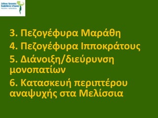 3. Πεζογέφυρα Μαράθη
4. Πεζογέφυρα Ιπποκράτους
5. Διάνοιξη/διεύρυνση
μονοπατίων
6. Κατασκευή περιπτέρου
αναψυχής στα Μελίσσια
 