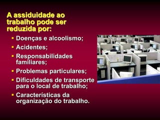 A assiduidade ao
trabalho pode ser
reduzida por:
  Doenças e alcoolismo;
  Acidentes;
  Responsabilidades
   familiares;
  Problemas particulares;
  Dificuldades de transporte
   para o local de trabalho;
  Características da
   organização do trabalho.
 