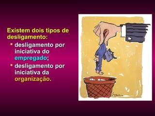 Existem dois tipos deExistem dois tipos de
desligamento:desligamento:
 desligamento pordesligamento por
iniciativa doiniciativa do
empregadoempregado;;
 desligamento pordesligamento por
iniciativa dainiciativa da
organizaçãoorganização..
 