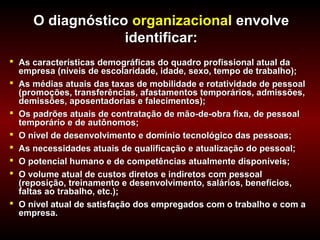 O diagnóstico organizacional envolve
                  identificar:
 As características demográficas do quadro profissional atual da
  empresa (níveis de escolaridade, idade, sexo, tempo de trabalho);
 As médias atuais das taxas de mobilidade e rotatividade de pessoal
  (promoções, transferências, afastamentos temporários, admissões,
  demissões, aposentadorias e falecimentos);
 Os padrões atuais de contratação de mão-de-obra fixa, de pessoal
  temporário e de autônomos;
 O nível de desenvolvimento e domínio tecnológico das pessoas;
 As necessidades atuais de qualificação e atualização do pessoal;
 O potencial humano e de competências atualmente disponíveis;
 O volume atual de custos diretos e indiretos com pessoal
  (reposição, treinamento e desenvolvimento, salários, benefícios,
  faltas ao trabalho, etc.);
 O nível atual de satisfação dos empregados com o trabalho e com a
  empresa.
 