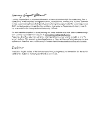 Learning Support Statement
Learning Support Services provides students with academic support through distance tutoring, face to
face tutoring at the campuses, writing consultations, library services, and resources. Tutoring is offered
in most academic disciplines including math, science, foreign languages, English for academic purposes
(EAP), computer programming and writing assistance for any course. Assistance with library research
can be accessed online through Atlas or the tutoring LibGuide.
For more information on how to access tutoring and library research assistance, please visit the college-
wide Learning Support Services LibGuide at: www.valenciacollege.edu/tutoring
Please note: Brainfuse is our new 24/7 online tutoring and learning hub, which is available to all of Va-
lencia’s students. This service is best used as a back-up to Valencia’s Distance Tutoring service, not as a
replacement. Brainfuse is accessible through Canvas or by visiting www.valenciacollege.edu/tutoring
Disclaimer
This outline may be altered, at the instructor’s discretion, during the course of the term. It is the respon-
sibility of the student to make any adjustments as announced.
 
