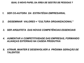 QQUUAALL OO NNOOVVOO PPAAPPEELL DDAA ÁÁRREEAA DDEE GGEESSTTÃÃOO DDEE PPEESSSSOOAASS ?? 
1. SER CO-AUTORA DA ESTRATÉGIA EMPRESARIAL 
2. DISSEMINAR VALORES = “CULTURA ORGANIZACIONAL” 
3. SER ARQUITETA DAS NOVAS COMPETÊNCIAS ESSENCIAIS 
4. AUMENTAR A COMPETITIVIDADE DAS EMPRESAS, FORMANDO 
ALIANÇAS EXTERNAS NA CADEIA PRODUTIVA 
5. ATRAIR, MANTER E DESENVOLVER A PRÓXIMA GERAÇÃO DE 
TALENTOS 
 