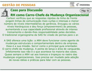 Caso para Discussão
RH como Carro-Chefe da
Carlson verificou que as respostas rápidas da linha de frente
exigem linhas de comunicação mais curtas e intensas e menor
número de níveis intermediários de gerência. Enxugou os vários
níveis hierárquicos e deu força (empowerment
aumentando a sua capacidade profissional através de intenso
treinamento e dando-lhes responsabilidade pelas decisões.
O tradicional organograma da SAS foi virado de pernas para o ar.
GESTÃO DE PESSOAS
O tradicional organograma da SAS foi virado de pernas para o ar.
A SAS oferece uma lição: a ARH deve funcionar como agente de
mudanças estruturais e comportamentais dentro da empresa.
Essa é a sua missão. Servir como o principal guia orientador.
O carro-chefe da mudança. A ponta de lança e área de vanguarda.
Infelizmente isso não é o que acontece na maioria dos casos.
Quase sempre a ARH vai aos trancos e tropeços no rastro das
mudanças organizacionais. Isso precisa ser mudado pela adoção
de novas idéias e práticas para lidar com as pessoas.
da Mudança Organizacional
Carlson verificou que as respostas rápidas da linha de frente
exigem linhas de comunicação mais curtas e intensas e menor
número de níveis intermediários de gerência. Enxugou os vários
empowerment) às pessoas,
aumentando a sua capacidade profissional através de intenso
lhes responsabilidade pelas decisões.
O tradicional organograma da SAS foi virado de pernas para o ar.
Pág: 91
O tradicional organograma da SAS foi virado de pernas para o ar.
A SAS oferece uma lição: a ARH deve funcionar como agente de
mudanças estruturais e comportamentais dentro da empresa.
Essa é a sua missão. Servir como o principal guia orientador.
chefe da mudança. A ponta de lança e área de vanguarda.
Infelizmente isso não é o que acontece na maioria dos casos.
Quase sempre a ARH vai aos trancos e tropeços no rastro das
mudanças organizacionais. Isso precisa ser mudado pela adoção
de novas idéias e práticas para lidar com as pessoas.
 