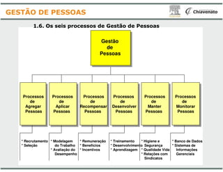 Gestão
de
Pessoas
1.6. Os seis processos de Gestão
GESTÃO DE PESSOAS
Processos
de
Agregar
Pessoas
Processos
de
Aplicar
Pessoas
Processos
de
Recompensar
Pessoas
* Recrutamento
* Seleção
* Modelagem
do Trabalho
* Avaliação do
Desempenho
* Remuneração
* Benefícios
* Incentivos
* Treinamento
* Desenvolvimento
* Aprendizagem
Gestão
de
Pessoas
Gestão de Pessoas
Processos
de
Desenvolver
Pessoas
Processos
de
Manter
Pessoas
Processos
de
Monitorar
Pessoas
* Treinamento
* Desenvolvimento
* Aprendizagem
* Higiene e
Segurança
* Qualidade Vida
* Relações com
Sindicatos
* Banco de Dados
* Sistemas de
Informações
Gerenciais
 