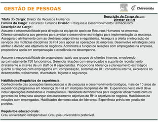 Título do Cargo: Diretor de Recursos Humanos
Família do Cargo: Recursos Humanos Divisão: Pesquisa
Descrição do Cargo:
Assume a responsabilidade pela direção da equipe de apoio
Oferece consultoria aos gerentes para avaliar e desenvolver
Assegura o alinhamento com as diretrizes corporativas
serviços das múltiplas disciplinas de RH para apoiar as
alinhar a divisão aos objetivos de negócios. Administra
proporciona apoio em compensação e excelência no desempenho
Assume a responsabilidade de proporcionar apoio aos
aproximadamente 750 funcionários. Gerencia relações
GESTÃO DE PESSOAS
aproximadamente 750 funcionários. Gerencia relações
diretamente e através de um staff de 8 especialistas. Proporciona
quanto a relações com empregados em: compensação
desempenho, treinamento, diversidade, higiene e segurança
Habilidades/Requisitos de experiência:
Conhecimento das operações farmacêuticas e de pesquisa
experiência progressiva em liderança de RH em múltiplas
incluir aplicações domésticas e internacionais. Habilidade
gerentes de linha para alcançar simultaneamente objetivos
relações com empregados. Habilidades demonstradas
projetos.
Requisitos educacionais:
Grau universitário indispensável. Grau pós-universitário
Pesquisa e Desenvolvimento Farmacêutico
apoio de Recursos Humanos na empresa.
desenvolver estratégias para implementação da mudança.
e regulatórias. Assegura a oferta e integração de
as operações da empresa. Desenvolve estratégias para
a função de relações com empregados na empresa,
desempenho.
grupos de clientes internos, envolvendo
com empregados e suporte de recrutamento
Descrição de Cargo de um
Diretor de RH
com empregados e suporte de recrutamento
Proporciona liderança e planejamento estratégico
compensação, sistemas de RH, consultoria interna, excelência no
segurança.
pesquisa e desenvolvimento biológico, mais de 10 anos de
múltiplas disciplinas de RH. Experiência neste nível deve
Habilidade demonstrada para negociar eficazmente com os
objetivos de RH e objetivos do negócio. Habilidades de
de liderança. Experiência prévia em gestão de
universitário preferível.
 