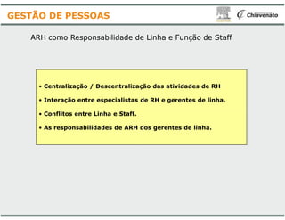 ARH como Responsabilidade de Linha e Função de Staff
• Centralização / Descentralização das atividades de RH
• Interação entre especialistas de RH e gerentes de linha.
GESTÃO DE PESSOAS
• Conflitos entre Linha e Staff.
• As responsabilidades de ARH dos gerentes de linha.
ARH como Responsabilidade de Linha e Função de Staff
Centralização / Descentralização das atividades de RH
Interação entre especialistas de RH e gerentes de linha.
As responsabilidades de ARH dos gerentes de linha.
 