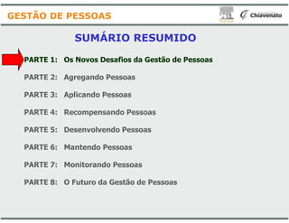 SUMÁRIO RESUMIDO
PARTE 1: Os Novos Desafios da Gestão de Pessoas
PARTE 2: Agregando Pessoas
PARTE 3: Aplicando Pessoas
PARTE 4: Recompensando Pessoas
GESTÃO DE PESSOAS
PARTE 4: Recompensando Pessoas
PARTE 5: Desenvolvendo Pessoas
PARTE 6: Mantendo Pessoas
PARTE 7: Monitorando Pessoas
PARTE 8: O Futuro da Gestão de Pessoas
SUMÁRIO RESUMIDO
: Os Novos Desafios da Gestão de Pessoas
: Recompensando Pessoas: Recompensando Pessoas
: Desenvolvendo Pessoas
: O Futuro da Gestão de Pessoas
 