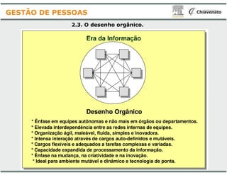 2.3. O desenho
Era da Informação
GESTÃO DE PESSOAS
Desenho Orgânico
* Ênfase em equipes autônomas e não mais em órgãos ou departamen
* Elevada interdependência entre as redes internas de equipes.
* Organização ágil, maleável, fluida, simples e inovadora.
* Intensa interação através de cargos auto
* Cargos flexíveis e adequados a tarefas complexas e variadas.
* Capacidade expandida de processamento da informação.
* Ênfase na mudança, na criatividade e na inovação.
* Ideal para ambiente mutável e dinâmico e tecnologia de ponta
desenho orgânico.
Era da Informação
Desenho Orgânico
* Ênfase em equipes autônomas e não mais em órgãos ou departamentos.
* Elevada interdependência entre as redes internas de equipes.
* Organização ágil, maleável, fluida, simples e inovadora.
* Intensa interação através de cargos auto-definidos e mutáveis.
* Cargos flexíveis e adequados a tarefas complexas e variadas.
* Capacidade expandida de processamento da informação.
* Ênfase na mudança, na criatividade e na inovação.
* Ideal para ambiente mutável e dinâmico e tecnologia de ponta.
 