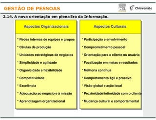 2.14. A nova orientação em plena Era
Aspectos Organizacionais
* Redes internas de equipes e grupos
* Células de produção
* Unidades estratégicas de negócios
GESTÃO DE PESSOAS
* Simplicidade e agilidade
* Organicidade e flexibilidade
* Competitividade
* Excelência
* Adequação ao negócio e à missão
* Aprendizagem organizacional
Era da Informação.
Aspectos Culturais
* Participação e envolvimento
* Comprometimento pessoal
* Orientação para o cliente ou usuário
* Focalização em metas e resultados
* Melhoria contínua
* Comportamento ágil e proativo
* Visão global e ação local
* Proximidade/intimidade com o cliente
* Mudança cultural e comportamental
 