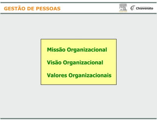 Missão Organizacional
Visão Organizacional
GESTÃO DE PESSOAS
Visão Organizacional
Valores Organizacionais
Missão Organizacional
Visão OrganizacionalVisão Organizacional
Valores Organizacionais
 