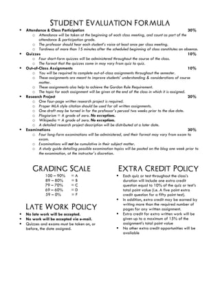 Student Evaluation Formula
§ Attendance & Class Participation 30%
o Attendance will be taken at the beginning of each class meeting, and count as part of the
attendance & participation grade.
o The professor should hear each student’s voice at least once per class meeting.
o Tardiness of more than 15 minutes after the scheduled beginning of class constitutes an absence.
§ Quizzes 10%
o Four short-form quizzes will be administered throughout the course of the class.
o The format that the quizzes come in may vary from quiz to quiz.
§ Out-of-Class Assignments 10%
o You will be required to complete out-of-class assignments throughout the semester.
o These assignments are meant to improve students’ understanding & considerations of course
matter.
o These assignments also help to achieve the Gordon Rule Requirement.
o The topic for each assignment will be given at the end of the class in which it is assigned.
§ Research Project 20%
o One four-page written research project is required.
o Proper MLA style citation should be used for all written assignments.
o One draft may be turned in for the professor’s perusal two weeks prior to the due date.
o Plagiarism = A grade of zero. No exceptions.
o Wikipedia = A grade of zero. No exceptions.
o A detailed research project description will be distributed at a later date.
§ Examinations 30%
o Four long-form examinations will be administered, and their format may vary from exam to
exam.
o Examinations will not be cumulative in their subject matter.
o A study guide detailing possible examination topics will be posted on the blog one week prior to
the examination, at the instructor’s discretion.
Grading Scale
100 – 90% = A
89 – 80% = B
79 – 70% = C
69 – 60% = D
59 – 0% = F
	
Late Work Policy
§ No late work will be accepted.
§ No work will be accepted via e-mail.
§ Quizzes and exams must be taken on, or
before, the date assigned.
	
Extra Credit Policy
§ Each quiz or test throughout the class’s
duration will include one extra credit
question equal to 10% of the quiz or test’s
total point value (i.e. A five point extra
credit question for a fifty point test).
§ In addition, extra credit may be earned by
writing more than the required number of
pages for any written assignment.
§ Extra credit for extra written work will be
given up to a maximum of 15% of the
assignment’s total point value
§ No other extra credit opportunities will be
available
	
 