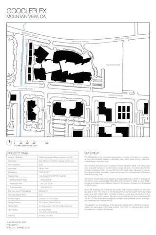 PROJECT DATA
Location / Address: 1600 Amphitheatre Pkwy, Mountain View, CA
Designer(s): Clive Wilkinson Architects, Studios Architecture
Year Completed 2005
Land Uses:
Dimensions: 1,532’ X 792’
Property Area: 1.38 Acres (1,213,344 SF) (A+B+C)
Building Footprint Area: 253,124 SF (A)
Hardscape Area: 557,220 SF (B)
Softscape Area: 403,000 SF (C)
Total Floor Area Of All Buildings 506,248 SF
Floor Area Ratio (F.A.R.): 0.42
Building Heights 2 Stories, 24’ From Grade
Parking Provided: 655 Spaces Surface Parking
Parking Ratio:
Open Space: 8.0 Acres Parks
10.0 Acres Landscaping
Setbacks: 30’ Front, 30’ Back
0 100' 200' 300' 500'
1" = 100' at full size (24" x 36")
JUKE FRANCIS JOSE
PROJECT 2
ARH 210 / SPRING 2016
OVERVIEW
The Googleplex is the corporate headquarters complex of Google, Inc., located
at 1600 Amphitheatre Parkway in Mountain View, Santa Clara County, California,
United States, near San Jose.
The complex was previously occupied by Silicon Graphics (SGI). The ofﬁce space
and corporate campus is located within a larger 26-acre (110,000 m2) site that
contains Charleston Park, a 5-acre (20,000 m2) public park; improved access to
Permanente Creek; and public roads that connect the corporate site to Shoreline
Park and the Bay Trail.
The former SGI facilities were leased by Google beginning in 2003. A redesign of
the interiors was completed by Clive Wilkinson Architects in 2005. In June 2006,
Google purchased some of Silicon Graphics' properties, including the Googleplex,
for $319 million.
Since the buildings are of relatively low height, the complex sprawls out over a la-
rge area of land. The interior of the headquarters is furnished with items like shade
lamps and giant rubber balls. The lobby contains a piano and a projection of curr-
ent live Google search queries. Facilities include free laundry rooms (Buildings 40,
42 & CL3), two small swimming pools, multiple sand volleyball courts, and eight-
een cafeterias with diverse menus.
"Googleplex" is a portmanteau of Google and complex and a reference to goog-
olplex, the name given to the large number 10(10100), or 10googol (with compl-
ex meaning a complex of buildings).
GOOGLEPLEX
MOUNTAIN VIEW, CA
Drawing by Nancy Rangel Chavev
Ofﬁce + Park
3.0 Spaces per 1,000 SF of Ofﬁce Structure
Location / Address:
CHARLESTON PARK
CHARLESTON ROAD
CHARLESTON ROAD
CHARLESTON ROAD
PERMANENTECREEKTRAIL
PERMANENTECREEKTRAIL
ALTAAVENUE
HUFFAVENUE
JOAQINROAD
AMPITHEATRE PARKWAY
AMPITHEATRE PARKWAY
AMPITHEATRE PARKWAY
 
