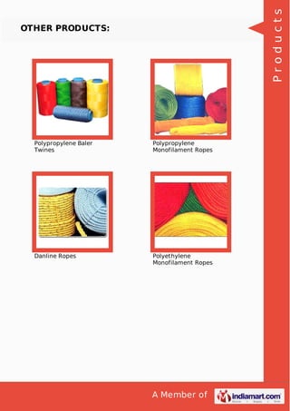 A Member of
OTHER PRODUCTS:
Polypropylene Baler
Twines
Polypropylene
Monofilament Ropes
Danline Ropes Polyethylene
Monofilament Ropes
Products
 