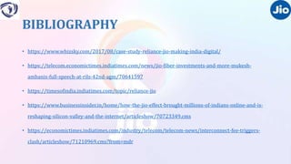 BIBLIOGRAPHY
• https://www.whizsky.com/2017/08/case-study-reliance-jio-making-india-digital/
• https://telecom.economictimes.indiatimes.com/news/jio-fiber-investments-and-more-mukesh-
ambanis-full-speech-at-rils-42nd-agm/70641597
• https://timesofindia.indiatimes.com/topic/reliance-jio
• https://www.businessinsider.in/home/how-the-jio-effect-brought-millions-of-indians-online-and-is-
reshaping-silicon-valley-and-the-internet/articleshow/70723349.cms
• https://economictimes.indiatimes.com/industry/telecom/telecom-news/interconnect-fee-triggers-
clash/articleshow/71210969.cms?from=mdr
 