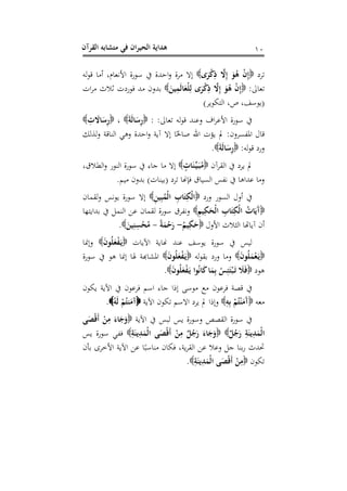 هداية الحيران في متشابه القرآن 
11 
ترد  إِنْ هُوَ إِلََّّ ذِكْرَى  إلا مرة واحدة في سورة الأنعام، أما قوله 
تعالى: إِنْ هُوَ إِلََّّ ذِكْرَى لِلْعَالَمِينَ  بدون مد فوردت ثلاث مرات 
)يوسف، ص، التكوير( 
في سورة الأعراف وعند قوله تعالى: : رِسَالَة  ، رِسَالََّتِ  
قال المفسرون: لم يؤت الله صالحًا إلا آية واحدة وهي الناقة ولذلك 
ورد قوله: رِسَالَة  . 
لم يرد في القرآن مُبَ يِّ نَا ت  إلا ما جاء في سورة النور والطلاق، 
وما عداها في نفس السياق فإنها ترد )بينات( بدون ميم. 
في أول السور ورد الْكِتَابِ الْمُبِينِ  إلا سورة يونس ولقمان 
آَيَاتُ الْكِتَابِ الْحَكِيمِ  ونفرق سورة لقمان عن النمل في بدايتها 
أن آياتها الثلاث الأول حَكِيمُ رَحْمَة مُحْسِنِينَ - -  . 
ليس في سورة يوسف عند نهاية الآيات يَ فْعَلُونَ  وإنما 
يَ عْمَلُونَ  وما ورد بقوله يَ فْعَلُونَ  المشابهة لها إنما هو في سورة 
هود فَلََ تَ بْتَئِسْ بِمَا كَانُوا يَ فْعَلُونَ  . 
في قصة فرعون مع موسى إذا جاء اسم فرعون في الآية يكون 
معه آَمَنْتُمْ بِهِ  وإذا لم يرد الاسم تكون الآية آمَنتُمْ لَه  . 
في سورة القصص وسورة يس لبس في الآية وَجَاءَ مِنْ أَقْصَى 
الْمَدِينَةِ رَجُل  وَجَاءَ رَجُلٌ مِنْ أَقْصَى الْمَدِينَةِ  ففي سورة يس 
تحدث ربنا جل وعلا عن القرية، فكان مناسبًا عن الآية الأخرى بأن 
تكون مِنْ أَقْصَى الْمَدِينَةِ  . 
 