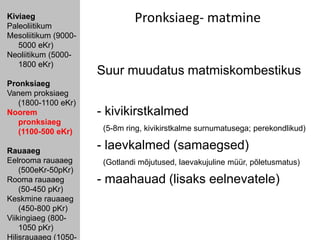 Kiviaeg
Paleoliitikum
                               Pronksiaeg- matmine
Mesoliitikum (9000-
   5000 eKr)
Neoliitikum (5000-
   1800 eKr)
                      Suur muudatus matmiskombestikus
Pronksiaeg
Vanem proksiaeg
   (1800-1100 eKr)
Noorem                - kivikirstkalmed
   pronksiaeg
   (1100-500 eKr)      (5-8m ring, kivikirstkalme surnumatusega; perekondlikud)

Rauaaeg
                      - laevkalmed (samaegsed)
Eelrooma rauaaeg       (Gotlandi mõjutused, laevakujuline müür, põletusmatus)
    (500eKr-50pKr)
Rooma rauaaeg         - maahauad (lisaks eelnevatele)
    (50-450 pKr)
Keskmine rauaaeg
    (450-800 pKr)
Viikingiaeg (800-
    1050 pKr)
Hilisrauaaeg (1050-
 