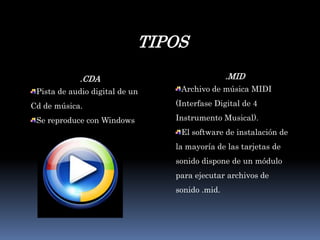 TIPOS.MIDArchivo de música MIDI (Interfase Digital de 4 Instrumento Musical). El software de instalación de la mayoría de las tarjetas de sonido dispone de un módulo para ejecutar archivos de sonido .mid..CDAPista de audio digital de un Cd de música. Se reproduce con Windows 