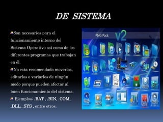 DE  SISTEMA Son necesarios para el funcionamiento interno del Sistema Operativo así como de los diferentes programas que trabajan en él. No esta recomendado moverlos, editarlos o variarlos de ningún modo porque pueden afectar al buen funcionamiento del sistema. Ejemplos: .BAT , .BIN, .COM, .DLL, .SYS , entre otros.